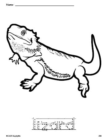 Free printable lizard coloring page and word tracing worksheet, letter formation guides, perfect for preschool, pre-k, and kindergarten, PDF