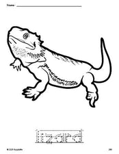 Free printable lizard coloring page and word tracing worksheet, letter formation guides, perfect for preschool, pre-k, and kindergarten, PDF