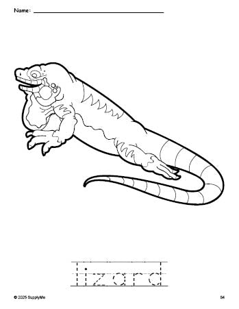 Free printable lizard coloring page and word tracing worksheet, perfect for preschool, pre-k, and kindergarten, PDF