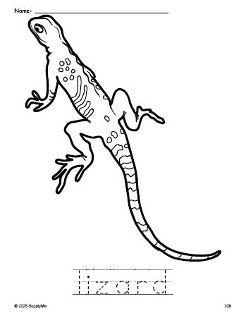 Free printable lizard coloring page and word tracing worksheet, perfect for preschool, pre-k, and kindergarten, PDF