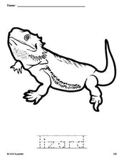 Free printable lizard coloring page and word tracing worksheet, perfect for preschool, pre-k, and kindergarten, PDF