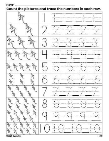 Free printable lizard counting worksheet for preschool and pre-k with number tracing practice 1-10, PDF