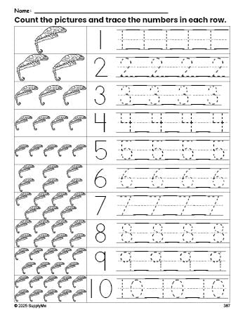 Free printable lizard counting worksheet for preschool and pre-k with number tracing practice 1-10, PDF