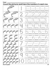 Free printable lizard counting worksheet for preschool and pre-k with number tracing practice 1-10, PDF