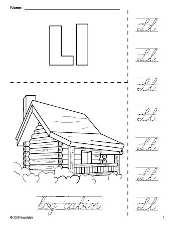 Free printable log cabin Thanksgiving coloring page and cursive letter tracing worksheet, letter l worksheet for preschool, pre-k, and kindergarten, PDF