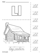 Free printable log cabin Thanksgiving coloring page and cursive letter tracing worksheet, letter l worksheet for preschool, pre-k, and kindergarten, PDF