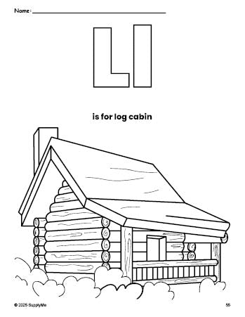 Free printable log cabin Thanksgiving coloring page, letter l coloring page for preschool, pre-k, and kindergarten, PDF