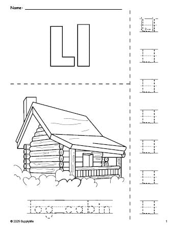 Free printable log cabin Thanksgiving coloring page and letter tracing worksheet, letter l worksheet for preschool, pre-k, and kindergarten, PDF