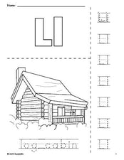 Free printable log cabin Thanksgiving coloring page and letter tracing worksheet, letter l worksheet for preschool, pre-k, and kindergarten, PDF