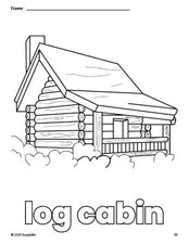 Free printable log cabin Thanksgiving coloring page for preschool, pre-k, and kindergarten, PDF