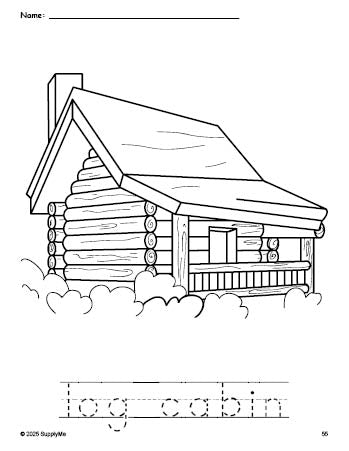 Free printable log cabin Thanksgiving coloring page and word tracing worksheet, perfect for preschool, pre-k, and kindergarten, PDF