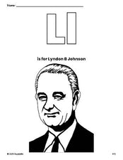 Free printable Lyndon B Johnson Presidents' Day coloring page, letter l coloring page for preschool, pre-k, and kindergarten, PDF