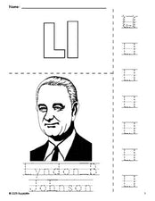 Free printable Lyndon B Johnson Presidents' Day coloring page and letter tracing worksheet, letter l worksheet for preschool, pre-k, and kindergarten, PDF