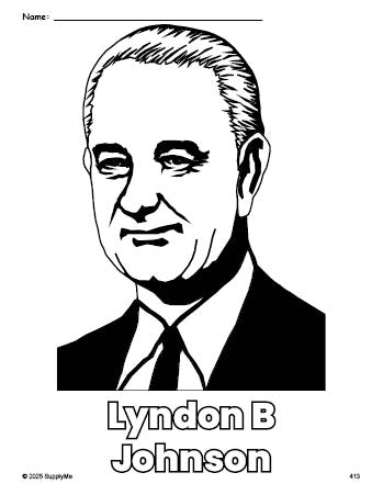 Free printable Lyndon B Johnson Presidents' Day coloring page for preschool, pre-k, and kindergarten, PDF