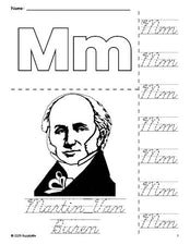 Free printable Martin Van Buren Presidents' Day coloring page and cursive letter tracing worksheet, letter m worksheet for preschool, pre-k, and kindergarten, PDF