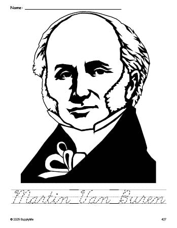 Free printable Martin Van Buren Presidents' Day coloring page and cursive word tracing worksheet, perfect for preschool, pre-k, and kindergarten, PDF