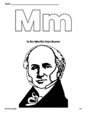 Free printable Martin Van Buren Presidents' Day coloring page, letter m coloring page for preschool, pre-k, and kindergarten, PDF