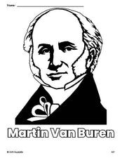 Free printable Martin Van Buren Presidents' Day coloring page for preschool, pre-k, and kindergarten, PDF