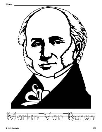 Free printable Martin Van Buren Presidents' Day coloring page and word tracing worksheet, letter formation guides, perfect for preschool, pre-k, and kindergarten, PDF