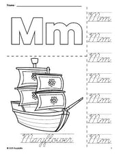 Free printable Mayflower Thanksgiving coloring page and cursive letter tracing worksheet, letter m worksheet for preschool, pre-k, and kindergarten, PDF