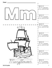 Free printable Mayflower Thanksgiving coloring page and cursive letter tracing worksheet, letter m worksheet for preschool, pre-k, and kindergarten, PDF