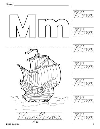 Free printable Mayflower Thanksgiving coloring page and cursive letter tracing worksheet, letter m worksheet for preschool, pre-k, and kindergarten, PDF