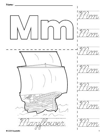 Free printable Mayflower Thanksgiving coloring page and cursive letter tracing worksheet, letter m worksheet for preschool, pre-k, and kindergarten, PDF