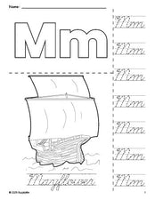 Free printable Mayflower Thanksgiving coloring page and cursive letter tracing worksheet, letter m worksheet for preschool, pre-k, and kindergarten, PDF