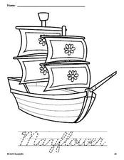 Free printable Mayflower Thanksgiving coloring page and cursive word tracing worksheet, perfect for preschool, pre-k, and kindergarten, PDF