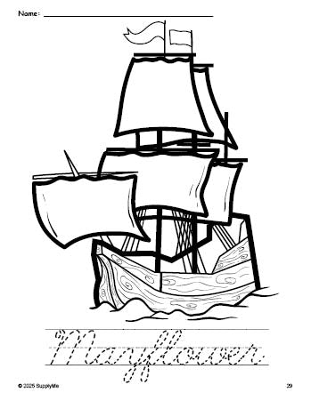 Free printable Mayflower Thanksgiving coloring page and cursive word tracing worksheet, perfect for preschool, pre-k, and kindergarten, PDF