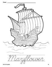 Free printable Mayflower Thanksgiving coloring page and cursive word tracing worksheet, perfect for preschool, pre-k, and kindergarten, PDF