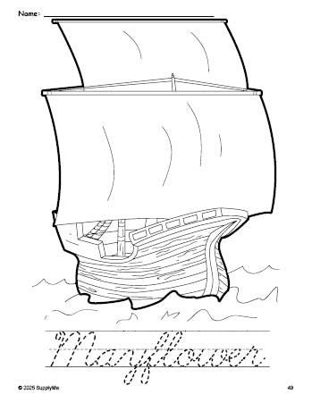 Free printable Mayflower Thanksgiving coloring page and cursive word tracing worksheet, perfect for preschool, pre-k, and kindergarten, PDF