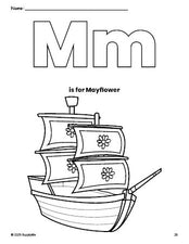 Free printable Mayflower Thanksgiving coloring page, letter m coloring page for preschool, pre-k, and kindergarten, PDF