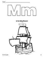 Free printable Mayflower Thanksgiving coloring page, letter m coloring page for preschool, pre-k, and kindergarten, PDF