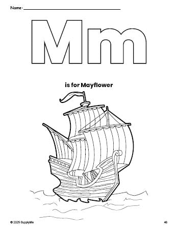 Free printable Mayflower Thanksgiving coloring page, letter m coloring page for preschool, pre-k, and kindergarten, PDF