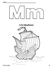 Free printable Mayflower Thanksgiving coloring page, letter m coloring page for preschool, pre-k, and kindergarten, PDF