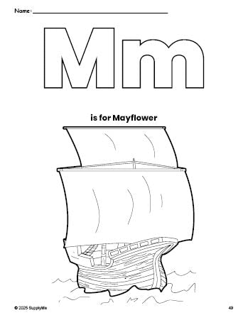 Free printable Mayflower Thanksgiving coloring page, letter m coloring page for preschool, pre-k, and kindergarten, PDF