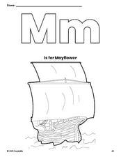 Free printable Mayflower Thanksgiving coloring page, letter m coloring page for preschool, pre-k, and kindergarten, PDF