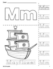 Free printable Mayflower Thanksgiving coloring page and letter tracing worksheet, letter m worksheet for preschool, pre-k, and kindergarten, PDF