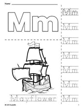 Free printable Mayflower Thanksgiving coloring page and letter tracing worksheet, letter m worksheet for preschool, pre-k, and kindergarten, PDF