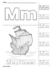 Free printable Mayflower Thanksgiving coloring page and letter tracing worksheet, letter m worksheet for preschool, pre-k, and kindergarten, PDF