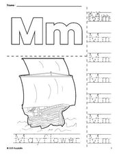 Free printable Mayflower Thanksgiving coloring page and letter tracing worksheet, letter m worksheet for preschool, pre-k, and kindergarten, PDF