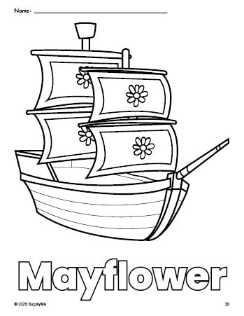 Free printable Mayflower Thanksgiving coloring page for preschool, pre-k, and kindergarten, PDF