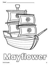 Free printable Mayflower Thanksgiving coloring page for preschool, pre-k, and kindergarten, PDF