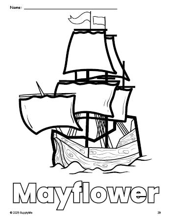 Free printable Mayflower Thanksgiving coloring page for preschool, pre-k, and kindergarten, PDF