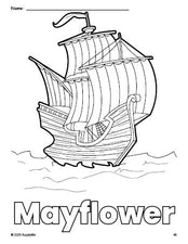 Free printable Mayflower Thanksgiving coloring page for preschool, pre-k, and kindergarten, PDF