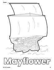 Free printable Mayflower Thanksgiving coloring page for preschool, pre-k, and kindergarten, PDF