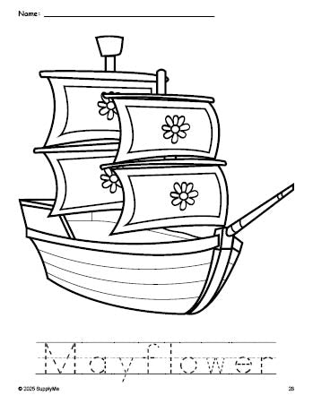 Free printable Mayflower Thanksgiving coloring page and word tracing worksheet, perfect for preschool, pre-k, and kindergarten, PDF