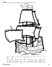 Free printable Mayflower Thanksgiving coloring page and word tracing worksheet, perfect for preschool, pre-k, and kindergarten, PDF