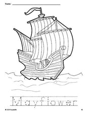 Free printable Mayflower Thanksgiving coloring page and word tracing worksheet, perfect for preschool, pre-k, and kindergarten, PDF